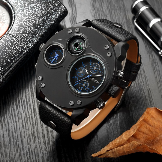 Men’s Tactical Dual-Time Watch 53 mm | 4-Dial Design with Compass & Thermometer | Leather Strap