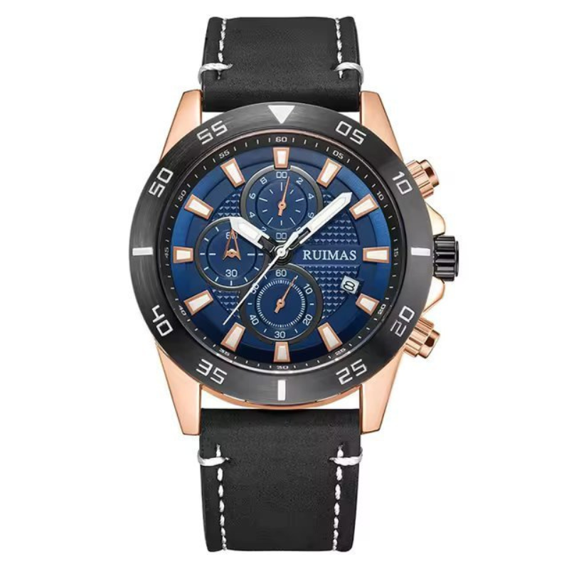 Men’s Chronograph Watch 46 mm | Sporty Quartz Tachymeter | Leather Strap | Date | 3 ATM