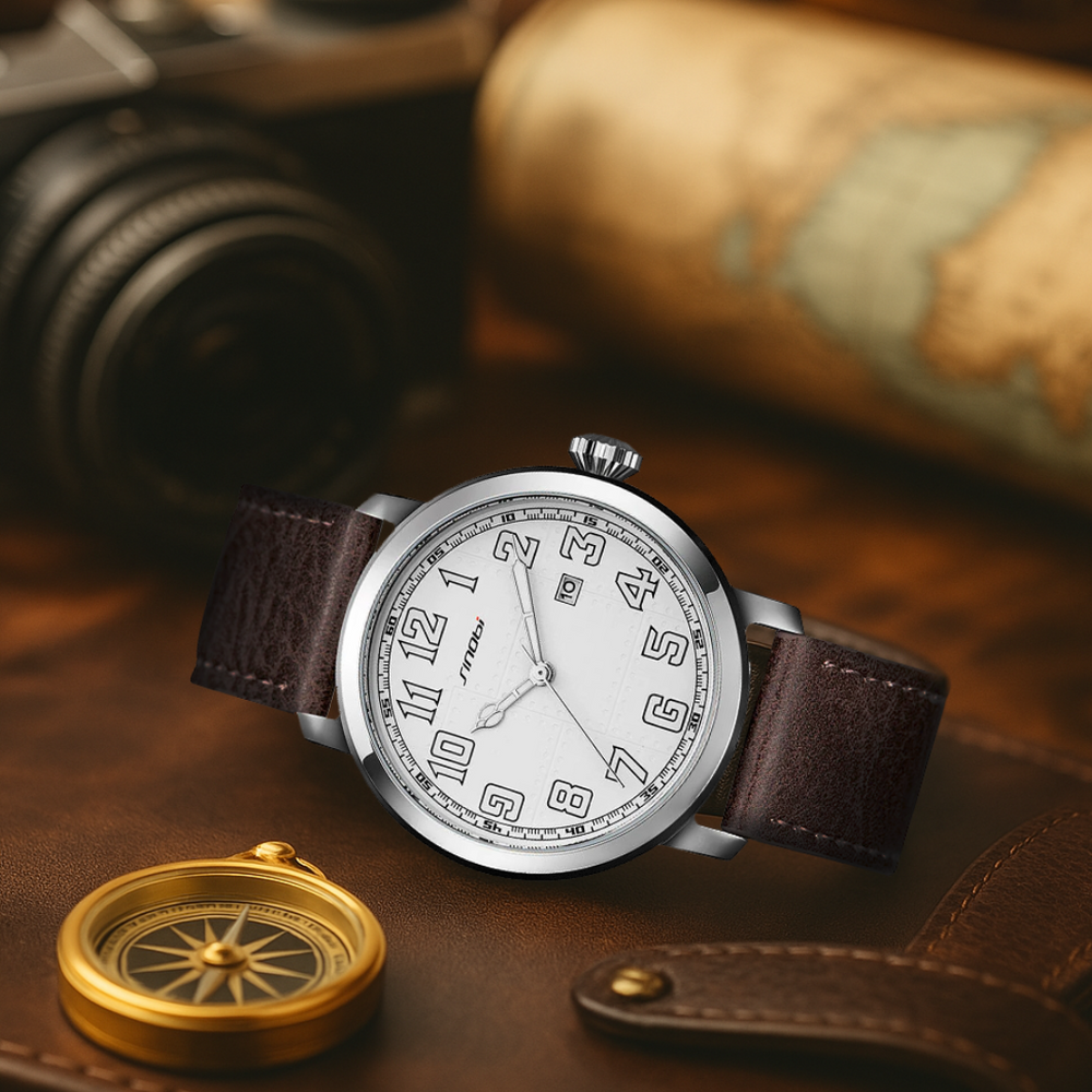 Men’s Classic Automatic Watch | 44 mm | White Dial | Brown Leather Strap | 3 ATM