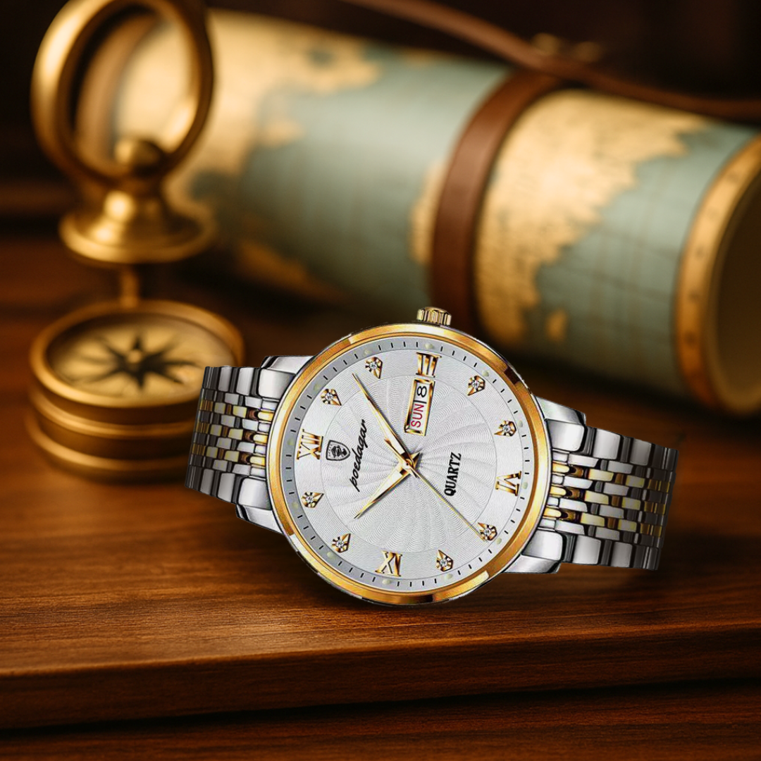 Men’s Dress Day-Date Quartz Watch | 42 mm | Stainless Steel Bracelet | Luminous Markers