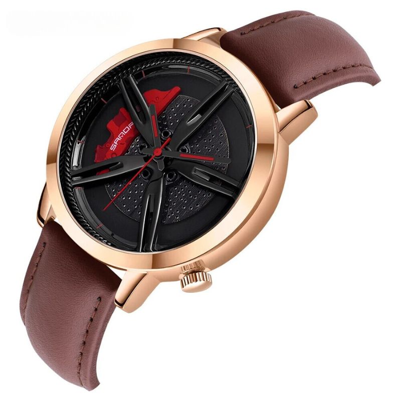 Men’s Racing Wheel Dial Watch | 41 mm | Car-Inspired Quartz | Brown Leather Strap | 3 ATM