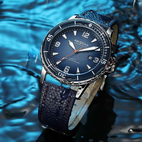 Men’s Sports Watch 44 mm | Quartz & Date | Leather Strap | Luminous Hands | 3 ATM