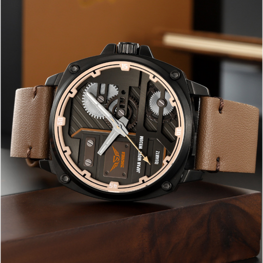 Men’s Industrial Quartz Watch | 50 mm | Leather Strap | 3 ATM Water-Resistant