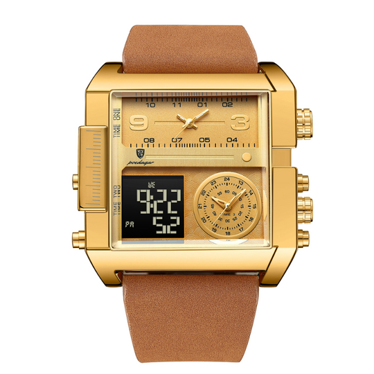 Men's Luxury Analog-Digital Dual Time Watch | 51 mm Square Case | Leather Strap | Calendar & Backlight | 3 ATM