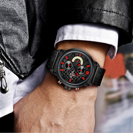 Men’s Military Sport Chronograph 48 mm | Day-Date Multi-Dial | Leather Strap | 3 ATM