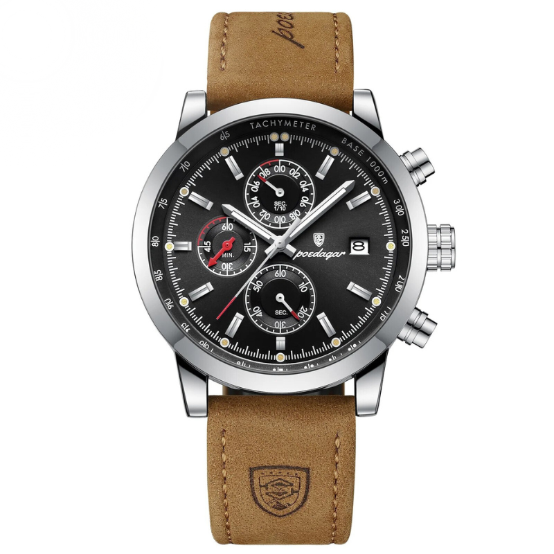 Men’s Chronograph Watch | Tachymeter Bezel | 44 mm Case | Leather Strap | 3 ATM