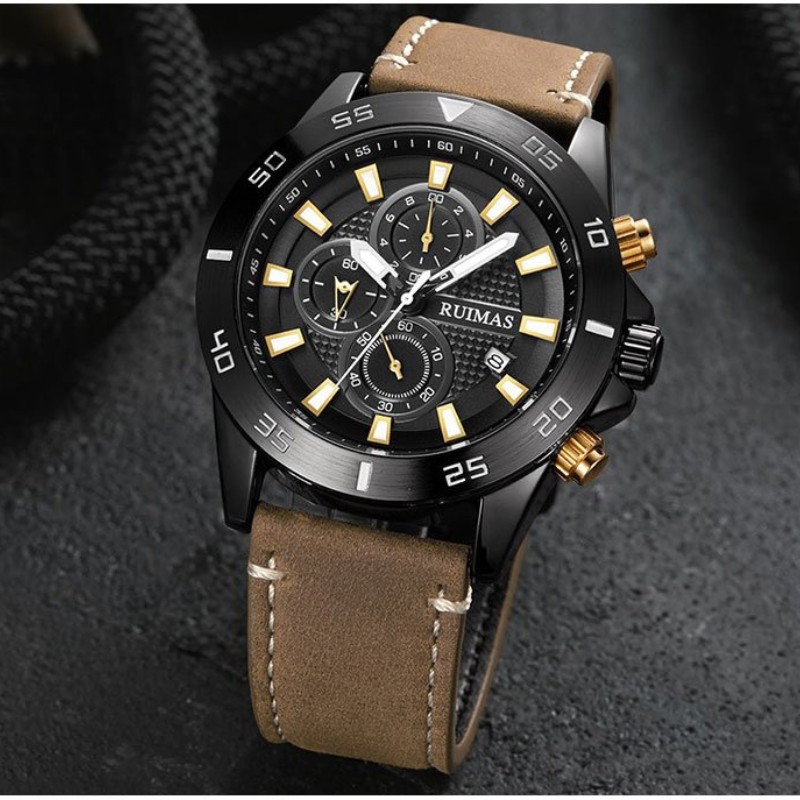 Men’s Chronograph Watch 46 mm | Sporty Quartz Tachymeter | Leather Strap | Date | 3 ATM