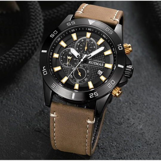 Men’s Chronograph Watch 46 mm | Sporty Quartz Tachymeter | Leather Strap | Date | 3 ATM