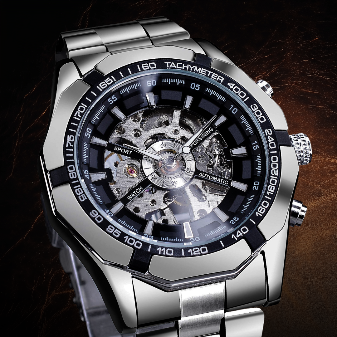 Automatic Skeleton Stainless Steel Watch | 45 mm | Tachymeter Bezel | 3 ATM Water Resistant