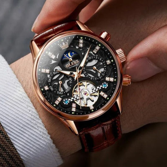 Men’s Automatic Moon Phase Chronograph Watch | 40 mm | Leather  Business Strap | 3 ATM Water Resistant
