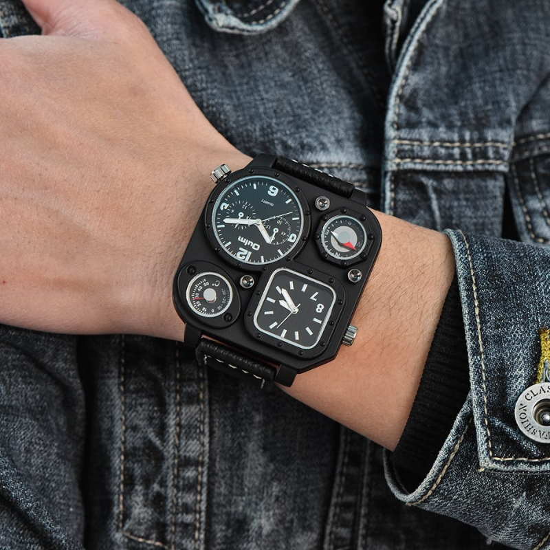 Men’s Tactical Dual-Time Watch 51 mm | 4 Dials with Compass & Thermometer | Leather Strap