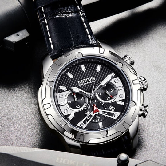 Men’s Luxury Chronograph 47 mm | Quartz Sports Watch with Leather Strap | Military Design | 3 ATM