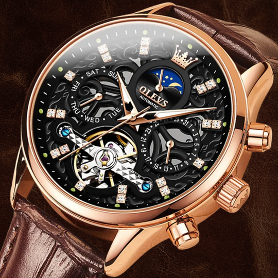 Men’s Automatic Moonphase Skeleton Watch | 42 mm | Leather Strap | Date & Multi-Function Display