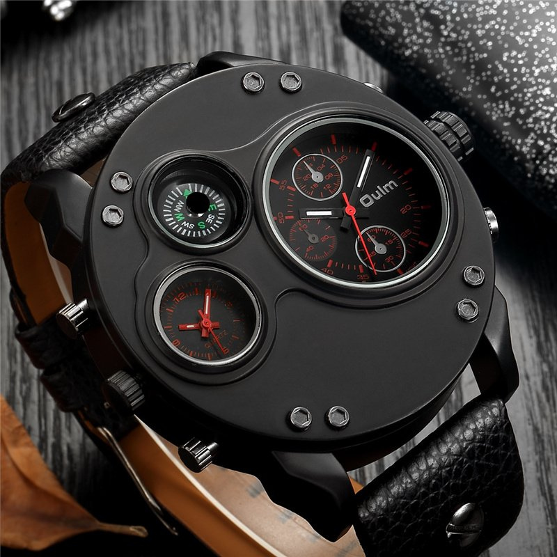 Men’s Tactical Dual-Time Watch 53 mm | 4-Dial Design with Compass & Thermometer | Leather Strap