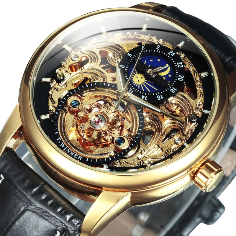Men’s Premium Skeleton Automatic Watch | 42 mm Case | Moonphase Display | Leather Strap