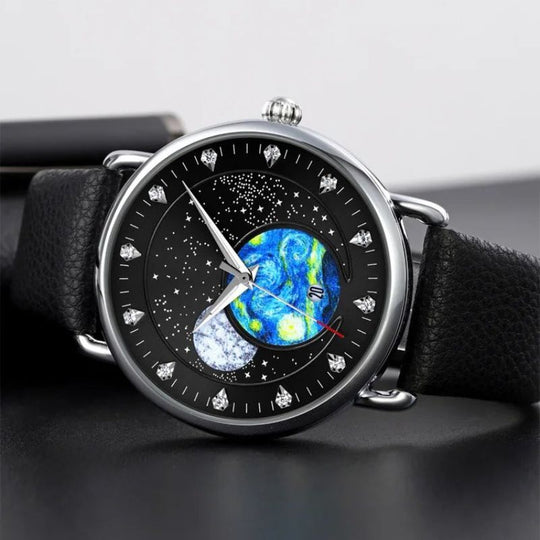 Unisex starry-sky quartz watch | 43 mm case | mesh steel strap | calendar | 3 ATM water resistant