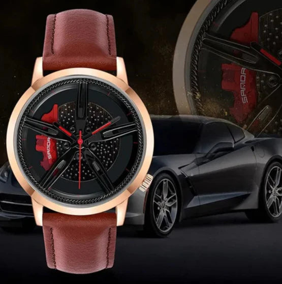 Men’s Racing Wheel Dial Watch | 41 mm | Car-Inspired Quartz | Brown Leather Strap | 3 ATM