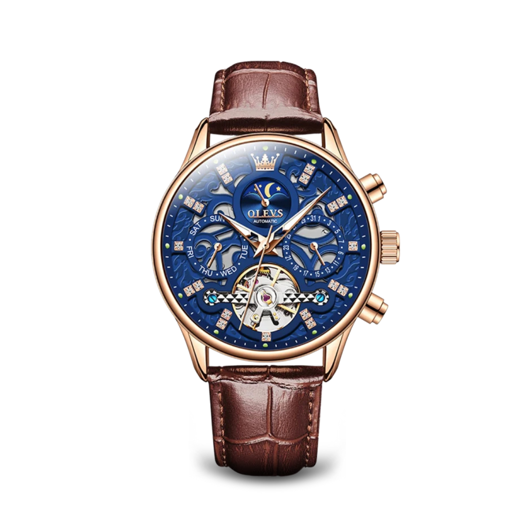 Men’s Automatic Moonphase Skeleton Watch | 42 mm | Leather Strap | Date & Multi-Function Display