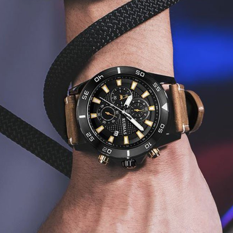 Men’s Chronograph Watch 46 mm | Sporty Quartz Tachymeter | Leather Strap | Date | 3 ATM