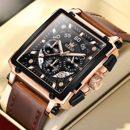 Men’s Luxury Square Chronograph Watch | 45 mm Case | Leather Strap | 3 ATM Water-Resistant