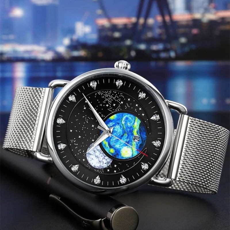Unisex starry-sky quartz watch | 43 mm case | mesh steel strap | calendar | 3 ATM water resistant