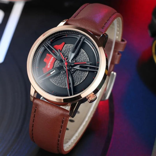 Men’s Racing Wheel Dial Watch | 41 mm | Car-Inspired Quartz | Brown Leather Strap | 3 ATM