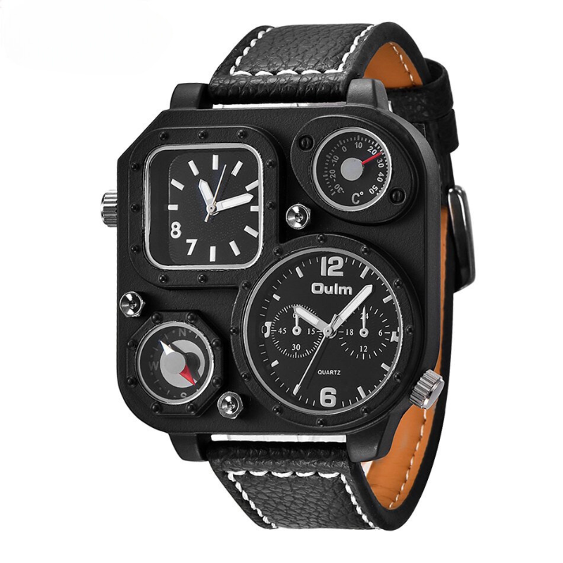 Men’s Tactical Dual-Time Watch 51 mm | 4 Dials with Compass & Thermometer | Leather Strap