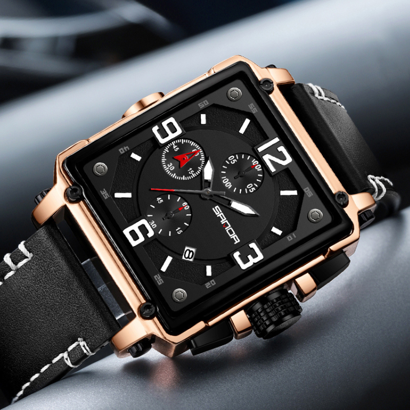 Men’s Tactical Chronograph Watch 48 mm | Quartz, Date & Luminous | Leather Strap | 3 ATM