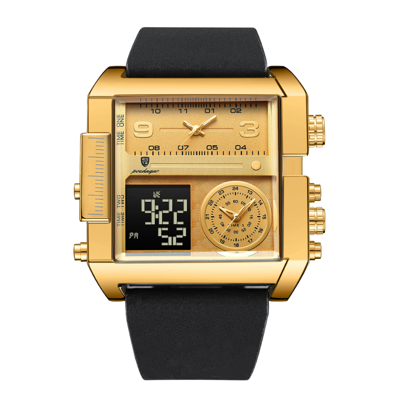 Men's Luxury Analog-Digital Dual Time Watch | 51 mm Square Case | Leather Strap | Calendar & Backlight | 3 ATM