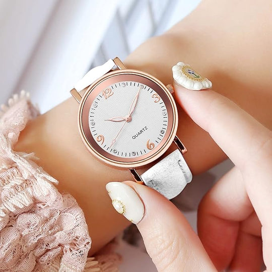Women’s Elegant Quartz Watch | Slim Case | Crystal Hour Markers | Leather Strap