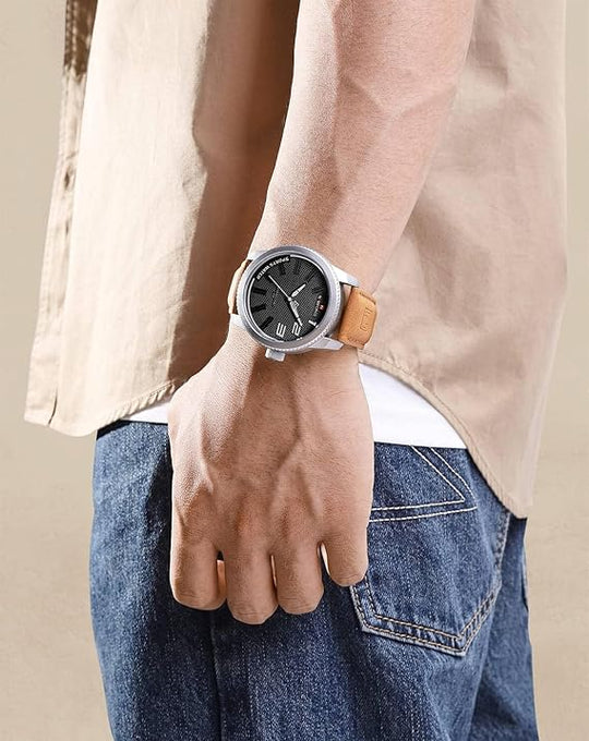 Men’s Military Sport Quartz Watch | 46 mm Case | Shock-Resistant | 3 ATM WR | Leather Strap