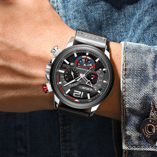 Men’s Rugged Chronograph Watch | 53 mm Case | Brown Leather Strap | Rose-Gold Accents | 3 ATM Water Resistant