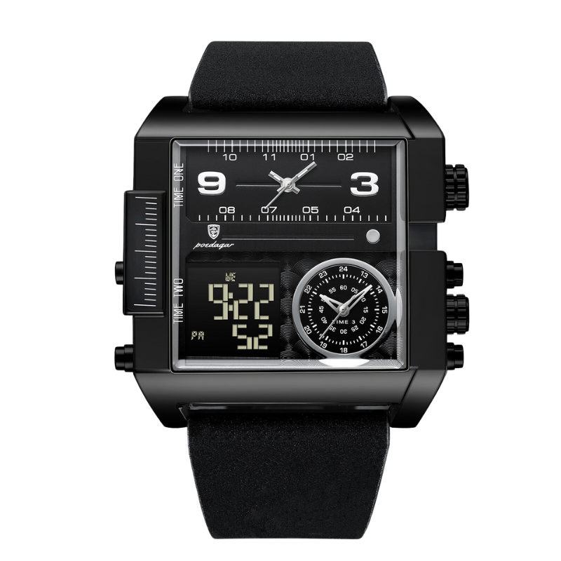 Men's Luxury Analog-Digital Dual Time Watch | 51 mm Square Case | Leather Strap | Calendar & Backlight | 3 ATM