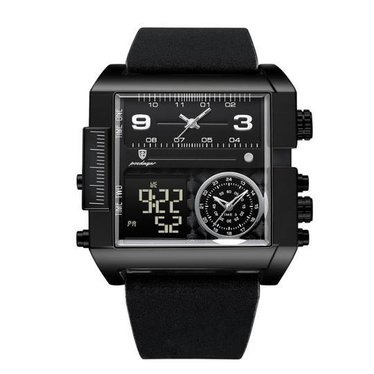 Men's Luxury Analog-Digital Dual Time Watch | 51 mm Square Case | Leather Strap | Calendar & Backlight | 3 ATM