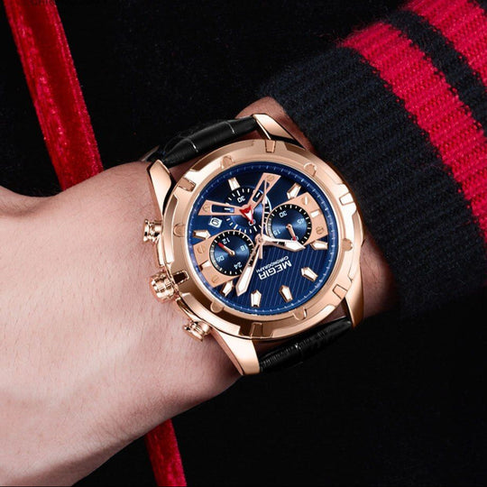 Men’s Luxury Chronograph 47 mm | Quartz Sports Watch with Leather Strap | Military Design | 3 ATM