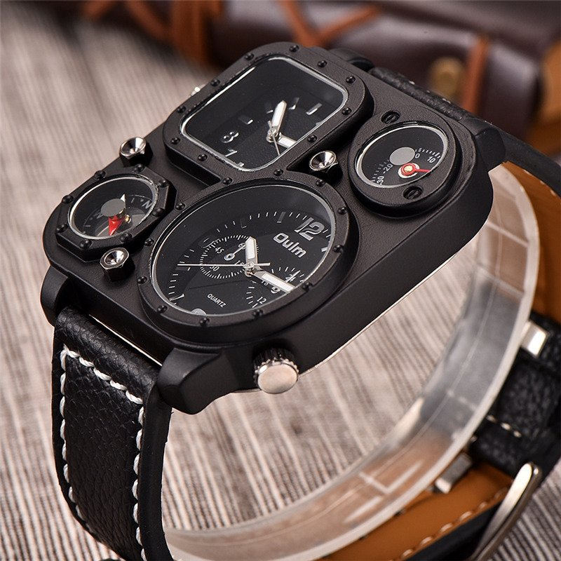 Men’s Tactical Dual-Time Watch 51 mm | 4 Dials with Compass & Thermometer | Leather Strap