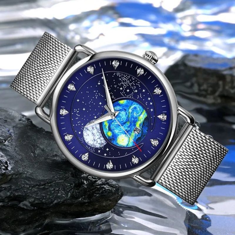 Unisex starry-sky quartz watch | 43 mm case | mesh steel strap | calendar | 3 ATM water resistant