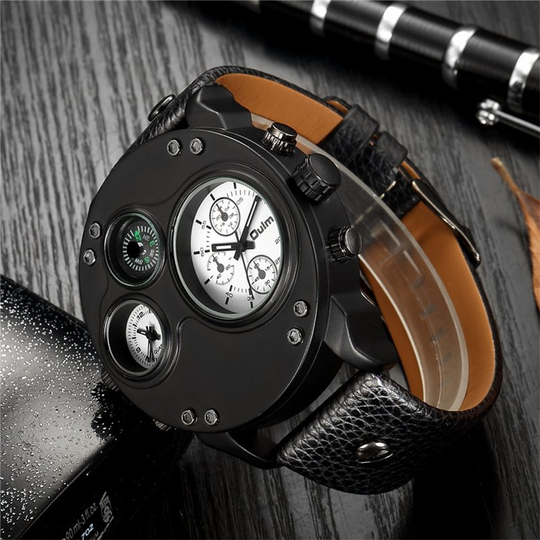 Men’s Tactical Dual-Time Watch 53 mm | 4-Dial Design with Compass & Thermometer | Leather Strap