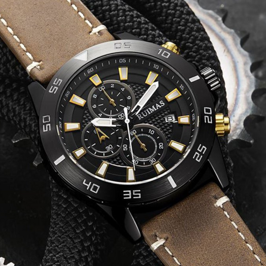 Men’s Chronograph Watch 46 mm | Sporty Quartz Tachymeter | Leather Strap | Date | 3 ATM