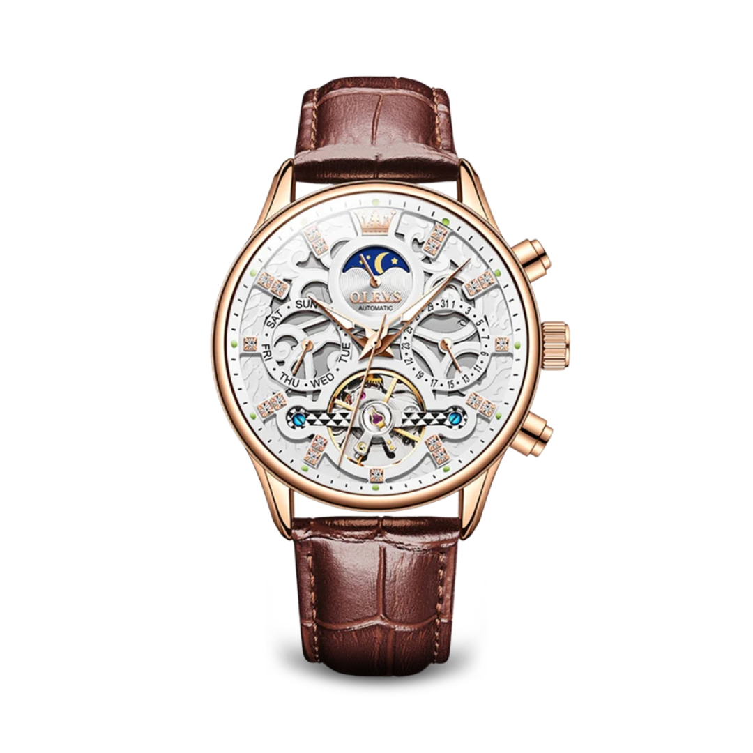 Men’s Automatic Moonphase Skeleton Watch | 42 mm | Leather Strap | Date & Multi-Function Display