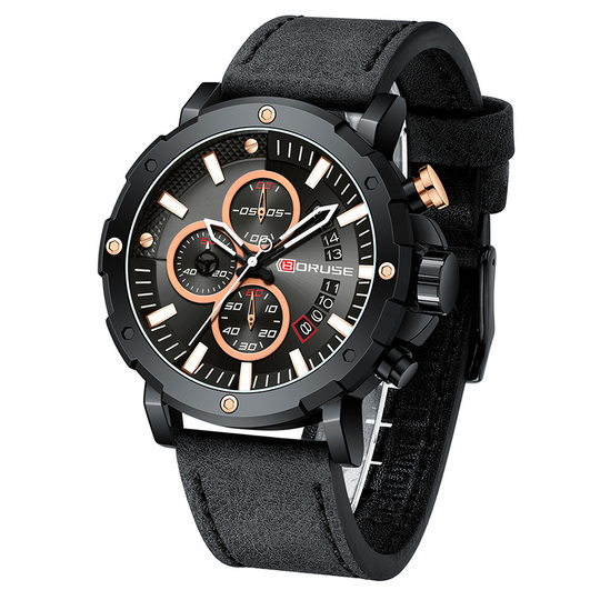 Men's Chronograph Watch 47 mm | Sport-Business Design | Leather Strap | Quartz Movement | 3 ATM Water Resistant
