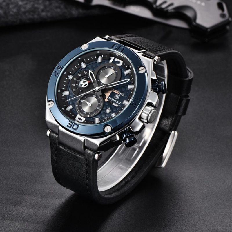Men’s Luxury Sport Chronograph Watch | Quartz | 45 mm Case | Leather Strap | 3 ATM