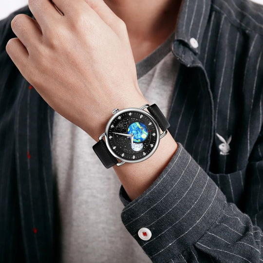 Unisex starry-sky quartz watch | 43 mm case | mesh steel strap | calendar | 3 ATM water resistant