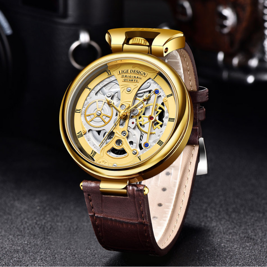 Men’s Skeleton Quartz Watch 45 mm | Openwork Business Dial | Leather Strap | 3ATM Water-Resistant