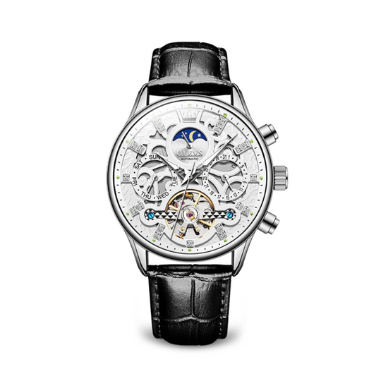 Men’s Automatic Moonphase Skeleton Watch | 42 mm | Leather Strap | Date & Multi-Function Display