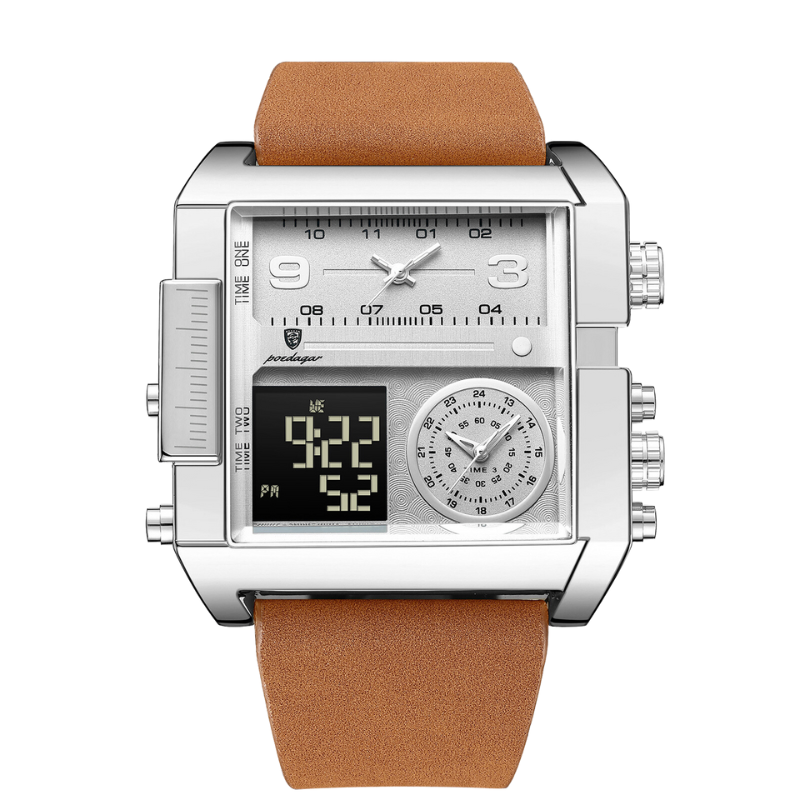 Men's Luxury Analog-Digital Dual Time Watch | 51 mm Square Case | Leather Strap | Calendar & Backlight | 3 ATM