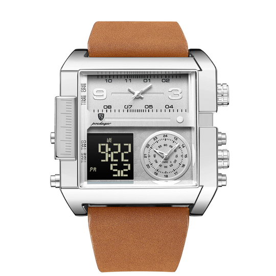 Men's Luxury Analog-Digital Dual Time Watch | 51 mm Square Case | Leather Strap | Calendar & Backlight | 3 ATM