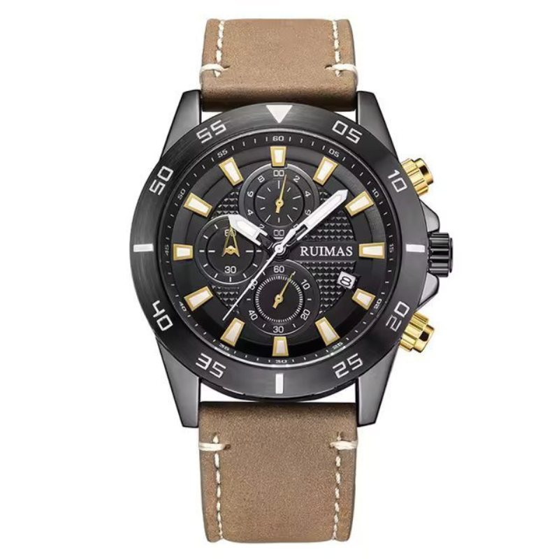 Men’s Chronograph Watch 46 mm | Sporty Quartz Tachymeter | Leather Strap | Date | 3 ATM
