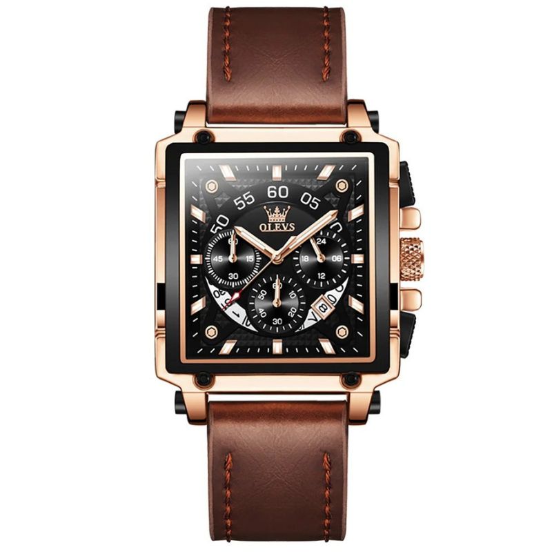 Men’s Luxury Square Chronograph Watch | 45 mm Case | Leather Strap | 3 ATM Water-Resistant