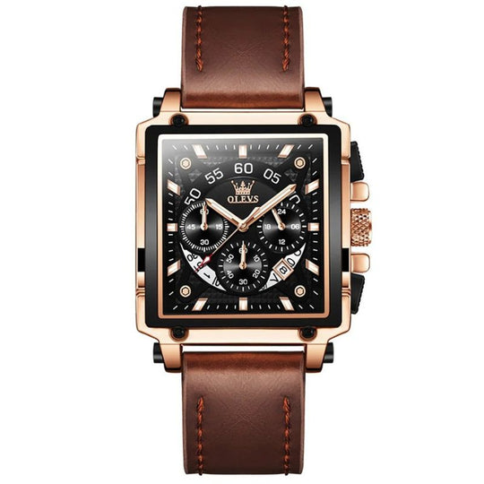 Men’s Luxury Square Chronograph Watch | 45 mm Case | Leather Strap | 3 ATM Water-Resistant